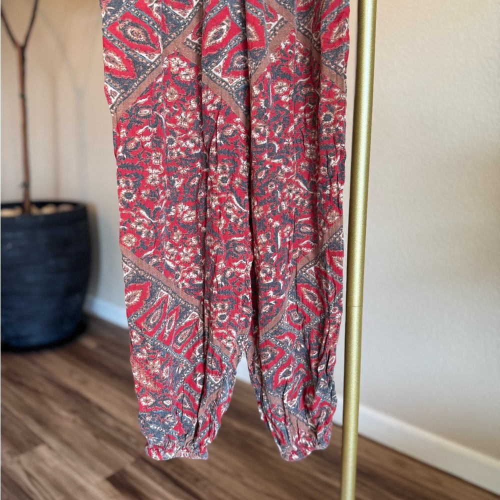 Free People Patterned Red Strapless Jumpsuit - image 3